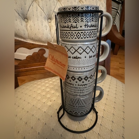 Four Boho Contrasting Patterns Espresso Cups Metal Stand - Picture 7 of 11